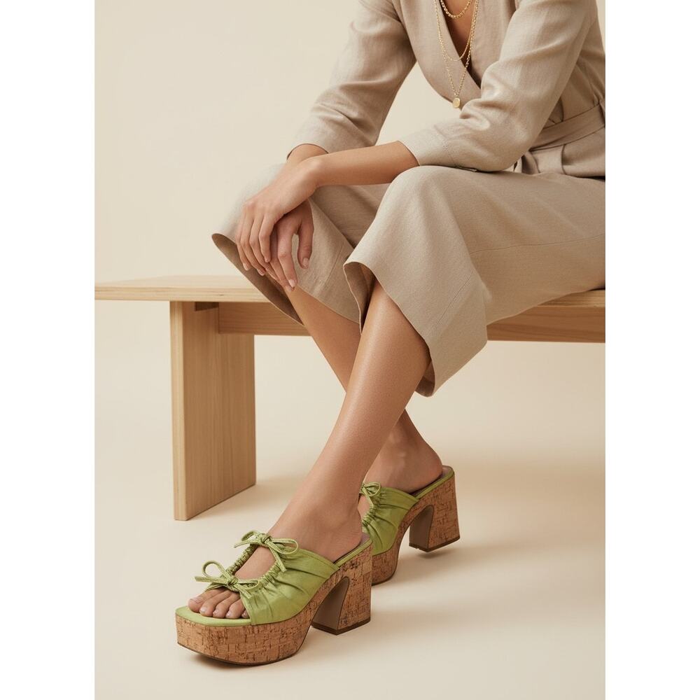 Sam Edelman Dova Platform Sandal Womens 7.5 Lime Green Cork Block Heel Slip On - Picture 15 of 16